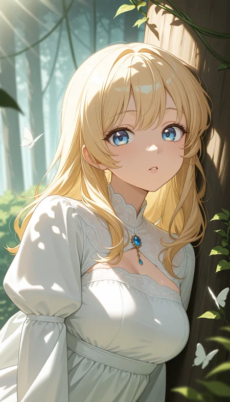 masterpiece, best quality, amazing quality, very aesthetic, high resolution, ultra-detailed, absurdres, newest, scenery, (dappled sunlight:1.2), rim light, backlit, dramatic shadow, 1girl, long blonde hair, blue eyes, shiny eyes, parted lips, medium breasts, puffy sleeve white dress, forest, flowers, white butterfly, looking at viewer, leaning side against tree, vines, green, arms, upper body, close-up, dutch angle, shiny skin, BREAK, dramatic shadow, depth of field, vignetting, volumetric lighting