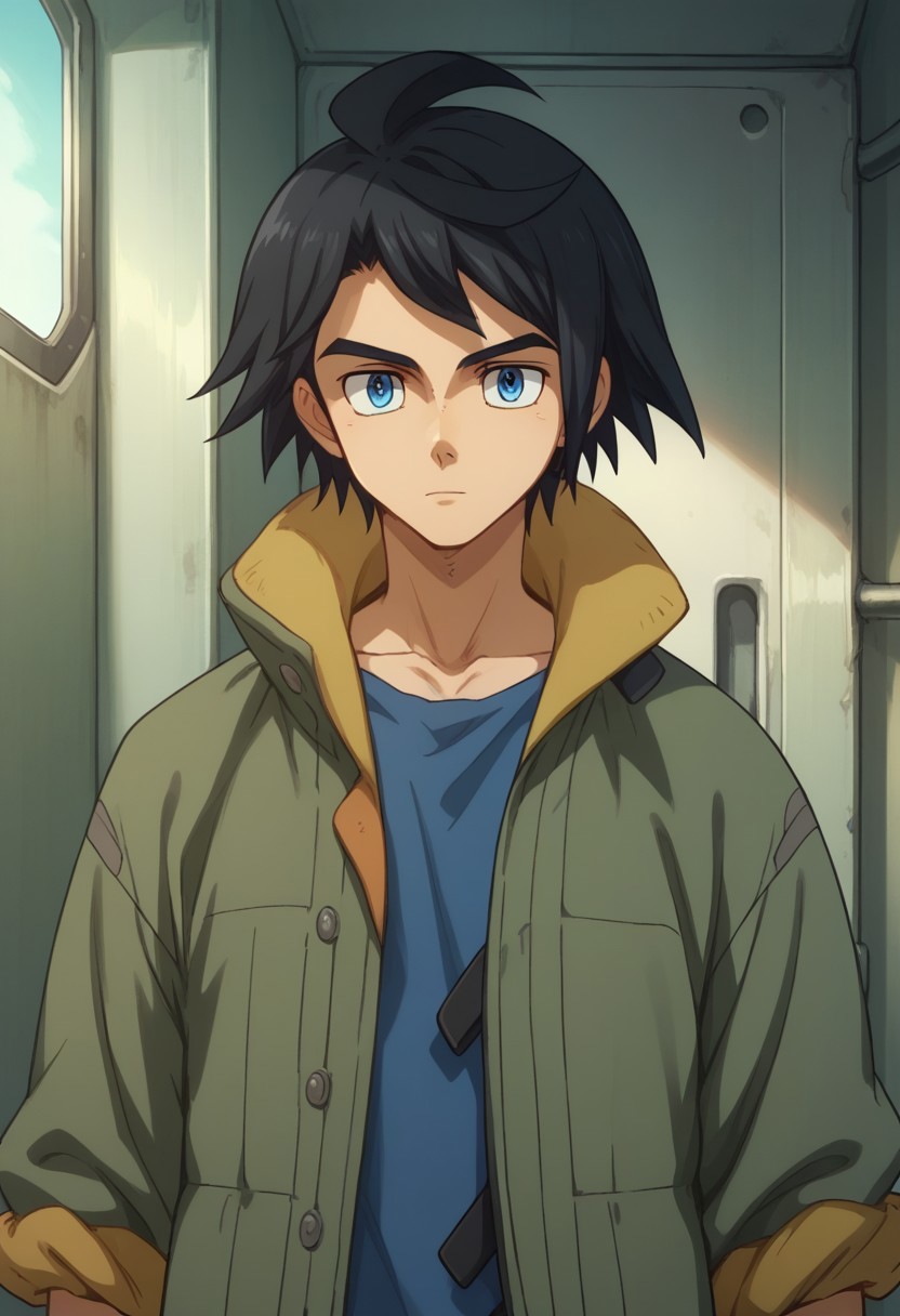 score_9, score_8_up, score_7_up, source_anime, highly detailed, 
mikazuki, 1boy, male focus, solo, black hair, ahoge, blue eyes blue shirt,, jacket, coat, rolled up sleeves, upper body
indoor, hangar,