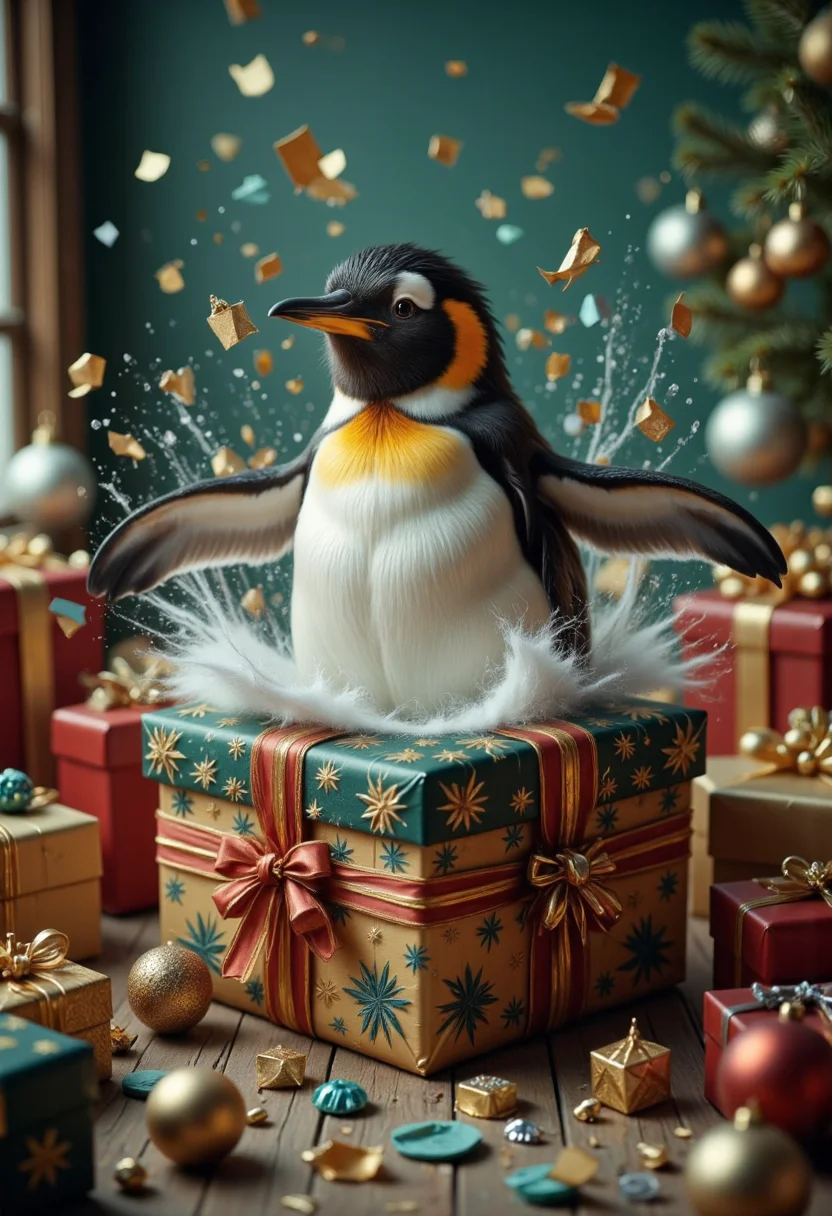 analog film photo photograph of a majestic penguin breaking free from a intricately wrapped Christmas gift box, showcasing a delightful mix of festive and wildlife elements. Capture the penguin's exhilarating moment as it bursts forth from the box, its tuxedo-like feathers glistening with dew and holiday cheer.
Compositionally, frame the scene from a low angle, placing the gift box at the top of the image, allowing the viewer's gaze to follow the penguin's trajectory upward. Employ a shallow depth of field, blurring the surrounding wrapping paper and gift embellishments to emphasize the penguin's heroic breakout. Soft, warm artificial lighting will add a cozy atmosphere, while also highlighting the festive colors and textures of the box.
The penguin itself should be depicted in stunning detail, with subtle texture variations on its feathers, soft belly, and slender flippers. Capture the vibrant hue of its feathers, ranging from snowy white to rich black, and emphasize the characteristic yellow patch on its chest. The gift box, wrapped in a luxurious pattern of gold and red stripes, will add a touch of opulence to the scene.
To create a captivating atmosphere, infuse the environment with an air of anticipation and excitement. Perhaps a few scattered snowflakes or confetti pieces can be seen floating around the penguin's head, adding to the festive ambiance. Incorporate some strategically placed shadows to enhance the dynamic movement of the penguin as it breaks free from its prison.
Artistically, draw inspiration from the whimsical world of children's illustrations and classic animated films, where penguins are often depicted in charming, expressive poses. The overall mood should be one of joyful abandon, capturing the magic and surprise of the moment when the penguin finally achieves its freedom.
Technical specifications: Resolution: 4096 x 3040 pixels; Aspect Ratio: 16:9; File Format: JPEG or PNG; Camera Angle: Low-angle shot with a slight tilt upwards; Lighting: Warm artificial lighting with subtle shadows; Depth of Field: Shallow, with a blurred background; Texture and Material Details: Subtle feather texture, soft belly, and slender flippers; Color Palette: Vibrant hues of green, blue, yellow, and red, with rich black and snowy white accents.
Image should be generated in photorealistic detail, with crisp edges, subtle color gradations, and a high level of texture fidelity. Ensure the overall aesthetic is both captivating and true to the original prompt, showcasing a masterful blend of wildlife, holiday cheer, and whimsical storytelling. . faded film, desaturated, 35mm photo, grainy, vignette, vintage, Kodachrome, Lomography, stained, highly detailed, found footage