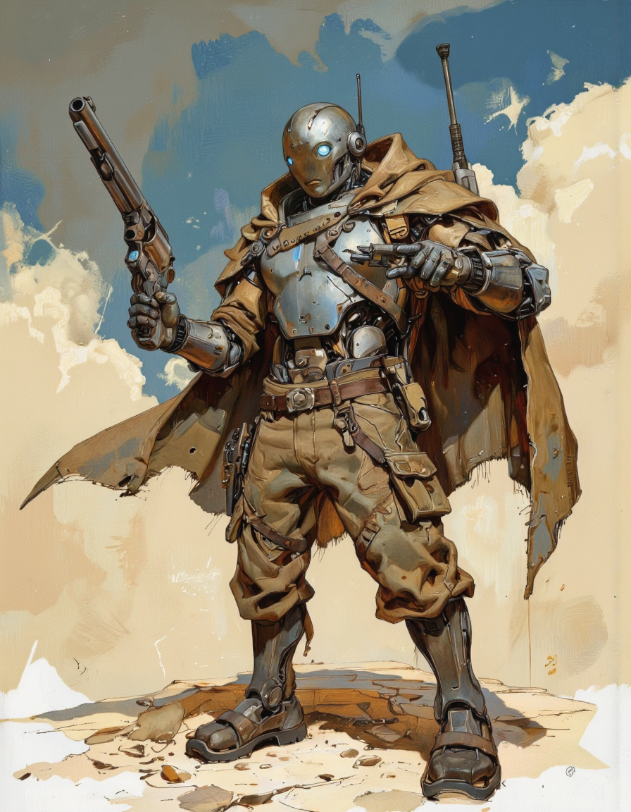 By theaicolab. A digital illustration shoot from a side angle about a futuristic robot with a metallic body and blue glowing eyes, holding a gun in a dynamic pose. the robot, standing in the middle of the image, is facing the viewer with a confident expression. it has a sleek, metallic design with a brown cape draped over its shoulders, and a pair of brown pants that are slightly tapered at the knees. on its left arm, it holds a silver revolver, and its right arm is extended forward, pointing it towards the viewer. the background is a cloudy sky with a mix of blue and beige hues, giving the image a sci-fi and futuristic feel. the overall color palette is warm and earthy, with a focus on the robot's intricate details and futuristic design. <lora:The_AI_Colab:1>