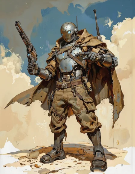 By theaicolab. A digital illustration shoot from a side angle about a futuristic robot with a metallic body and blue glowing eyes, holding a gun in a dynamic pose. the robot, standing in the middle of the image, is facing the viewer with a confident expression. it has a sleek, metallic design with a brown cape draped over its shoulders, and a pair of brown pants that are slightly tapered at the knees. on its left arm, it holds a silver revolver, and its right arm is extended forward, pointing it towards the viewer. the background is a cloudy sky with a mix of blue and beige hues, giving the image a sci-fi and futuristic feel. the overall color palette is warm and earthy, with a focus on the robot's intricate details and futuristic design. <lora:The_AI_Colab:1>