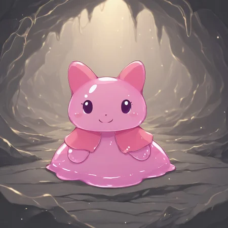 In a cave showing light above,sl1m3d,slime-morph,Mymelo made out of slime, anthro, 1female,hooded capelet, pink ears,solo,smile at you on a cute way,beautiful,high-quality,