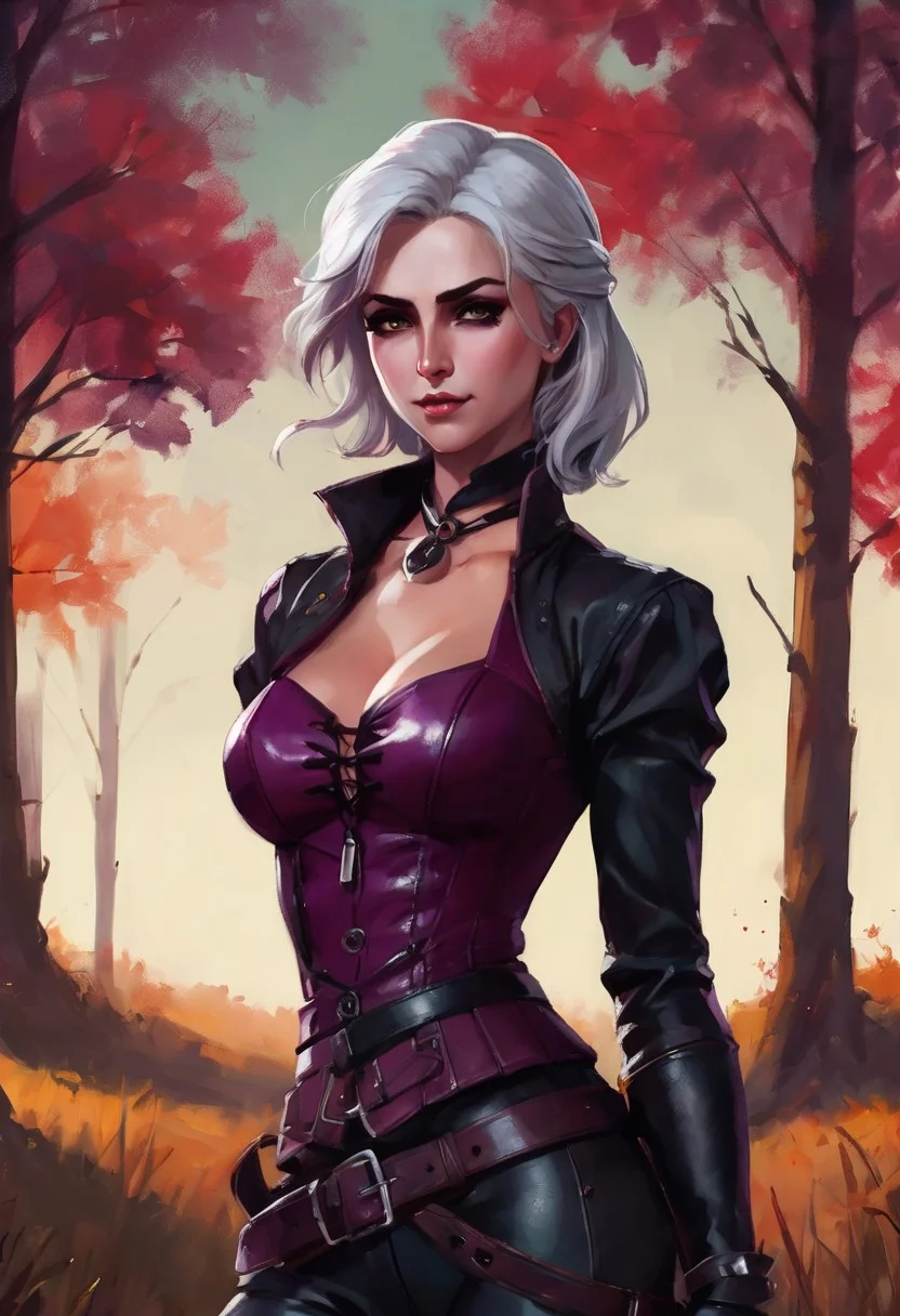 woman gazes directly at the viewer, her neutral expression framed by striking eyeshadow in deep aubergine. A prominent scar adds intrigue to her face. She wears a fitted forest green blouse and a leather corset cinched with a matching belt, paired with tight black pants. Leather gloves complete her look. Set against an autumn field under moonlight, the scene is rich with deep colors, enhancing her fierce yet graceful presence.