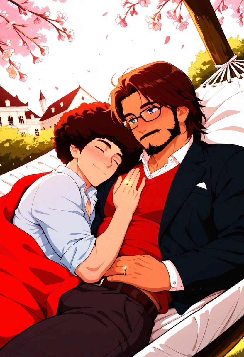 ((Expressiveh) (fcHeatPortrait) (spring background, mansion, backyard, outside, , clear skies, daytime) (masterpiece, best quality, cinematic lighting, depth of field, best shadows, detailed textures), (dutch angle)
(2boys), afro, dark red hair, dark red facial hair, long goatee, mustache, closed eyes,smile, blanket, button up undershirt, brown eyes,closed eyes, sleeping, , in love, green eyes, yaoi, gay, bara, jacket, breathing, blushing, wedding ring,l, button up shirt, looking at each other, interracial, head tilt, cuddling, happy, affectionate gesture, laying on hammock,, engagement ring, fair skin, , athletic, , sweater, freckles, glasses, pants, Romantic, Spring, in private, ,brown hair, beard, blue eyes, glasses, size difference, rich man,