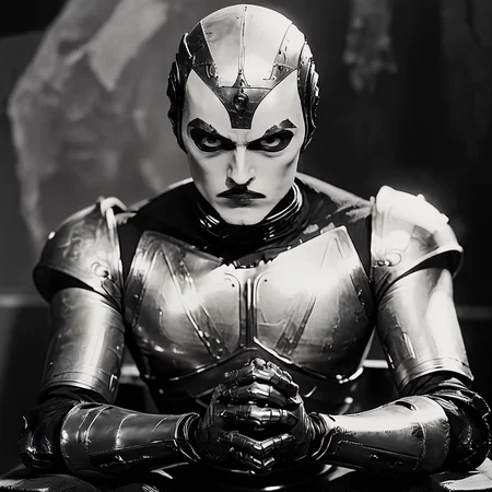 Score_9, score_8_up, score_7_up, BREAK <lora:10s_Retro_Future_MoviePony:1> ArsMovieStill, movie still from a 1910s retro future movie, The image shows a man in a suit of armor sitting on a chair in front of a wall. He is wearing a helmet and has a determined expression on his face., greyscale, monochrome, solo, male focus, 1boy, sitting, looking at viewer, armor, blurry, own hands together