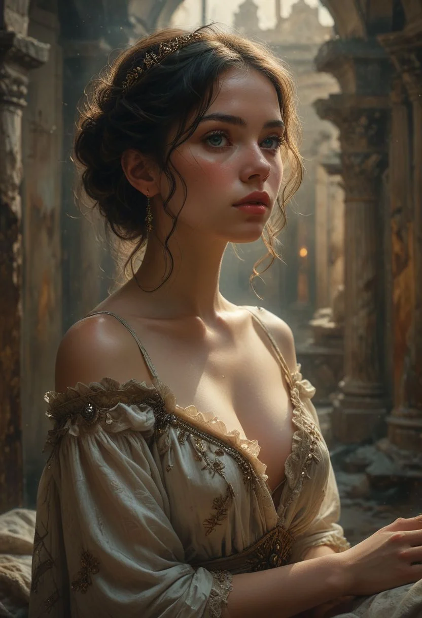 masterpiece, best quality, high quality, highres, ultra-detailed, a low-key digital portrait, lips parted, dress draped over shoulders, revealing her arms, cleavage, collarbone, mediaeval royal room half of face illumated