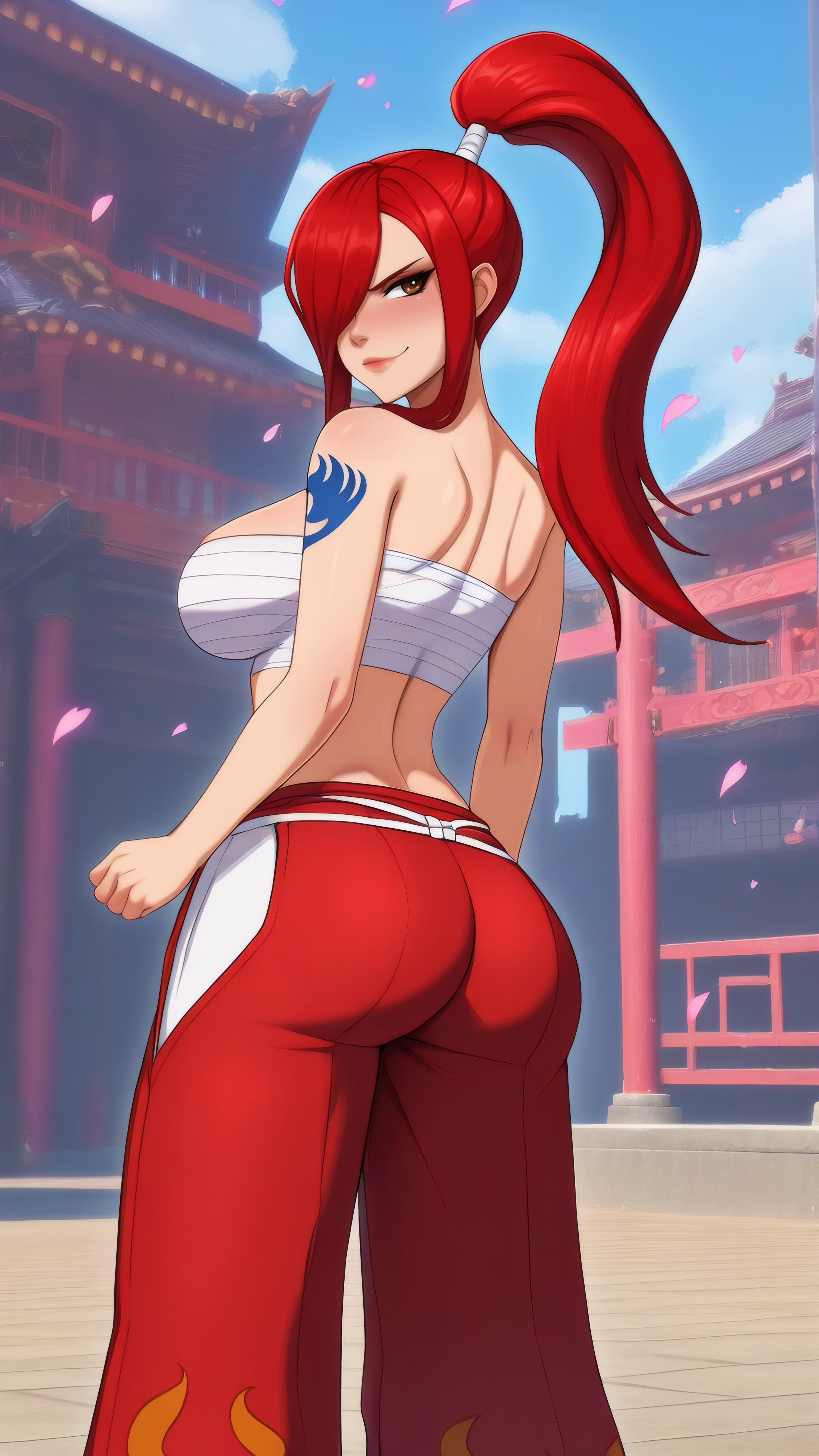 masterpiece, best quality, very aesthetic, absurdres, BREAK, 1girl, looking back, cowboy shot, 
<lora:Erza_CleanHeart_Armor_Illu_Dwnsty:0.9>, erz_cleanheart, brown eyes, red hair, long hair, hair over one eye, high ponytail, sidelocks, chest sarashi, tattoo, midriff, red hakama, barefoot,  white ribbon,
large breasts, lips, smirk, from behind, shoulder blades, ass, arms at sides, legs apart, clenched hands, 
outdoors, east asian architecture, cherry blossoms,