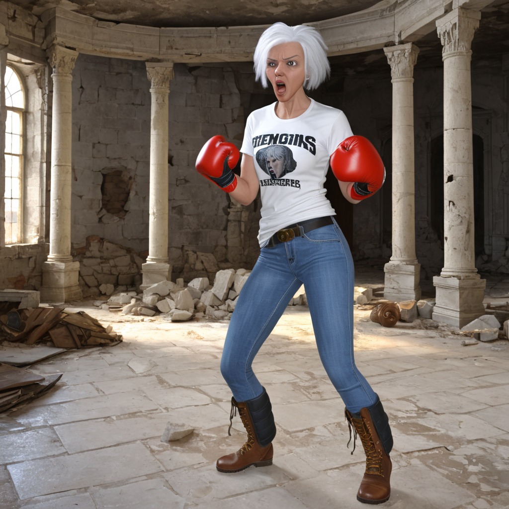 sfw, masterpiece, best quality,absurderes, <lora:AnirealismXL:0.9>,anireal, 1girl,solo,full body,boxing gloves,t-shirt,jeans,boots,indoors,ruins,classical architecture,mature female,white hair,annoyed',yelling
