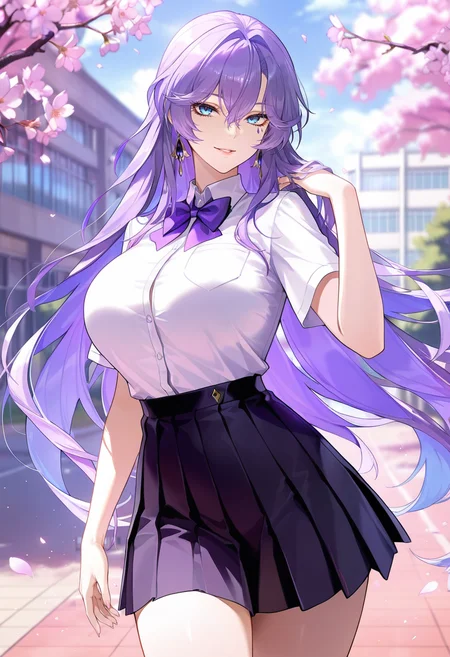 masterpiece, best quality, amazing quality,cantarella, blue eyes, purple hair, hair between eyes, purple under eye one facial mark,1girl, long hair, breasts, solo, large breasts,school uniform,pleated skirt,white shirt, black skirt, purple bow,short sleeves, parted lips, light smile, standing, looking at viewer, cowboy shot, blurry background, outdoors, school, cherry blossoms <lora:cantarellaV1:0.8>