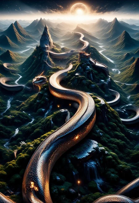 sn4k3, aidmamj6.1, mythp0rt, anime, cyberpunk, Reimagine the Great Wall of China as a colossal, serpentine structure coiling through the Chinese landscape like a giant snake. The wall's texture is covered in intricate, scale-like patterns, blending ancient stonework with organic, snake-like details. The snake's head rises dramatically at one end, with glowing eyes and an open mouth, as if guarding the land. The body of the snake winds through mountains, forests, and rivers, seamlessly merging with the natural terrain. The scene is surreal and majestic, with a mystical atmosphere, blending history, mythology, and fantasy. The lighting is dramatic, with golden sunlight or moonlight casting long shadows, emphasizing the snake's sinuous form and the vastness of the landscape