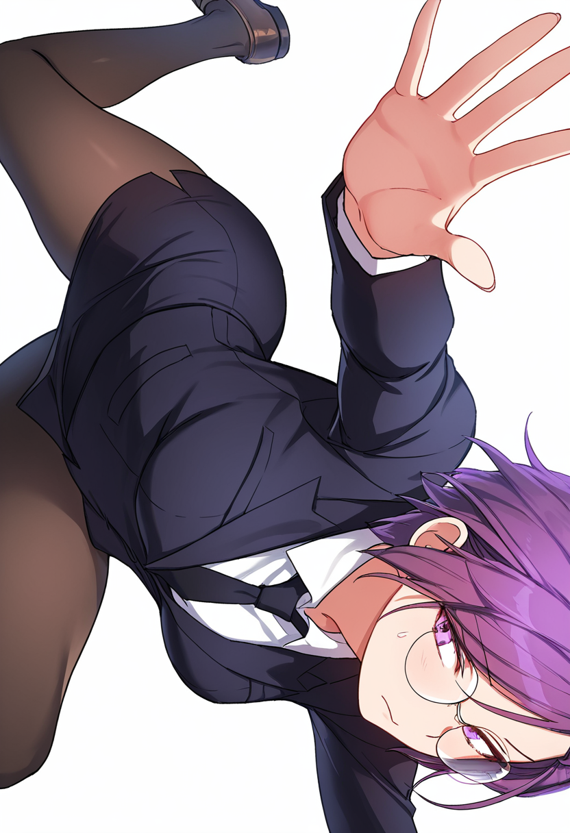 Smooth Quality,masterpiece,very intricate, high quality details, ultra realistic, high detailed skin,detailed enviorement,absurdres,
simple background, white background, dancing,skindentation, solo,sideways,open hand,
 <lora:Doyoon_Kang_CNR:0.8> doyoon_cnr, 1girl, purple hair, short hair, bangs, purple eyes, glasses, round eyewear,frown,doyoon_uniform_cnr,suit, jacket,white shirt, collared shirt, black necktie, pencil skirt, black pantyhose,loafers,, nervous,, ;),