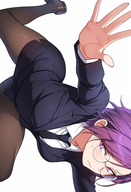 Smooth Quality,masterpiece,very intricate, high quality details, ultra realistic, high detailed skin,detailed enviorement,absurdres,
simple background, white background, dancing,skindentation, solo,sideways,open hand,
<lora:Doyoon_Kang_CNR:0.8> doyoon_cnr, 1girl, purple hair, short hair, bangs, purple eyes, glasses, round eyewear,frown,doyoon_uniform_cnr,suit, jacket,white shirt, collared shirt, black necktie, pencil skirt, black pantyhose,loafers,, nervous,, ;),