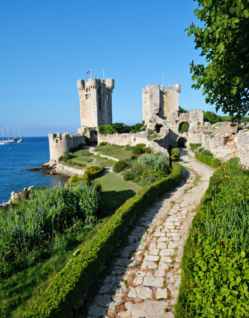 <lora:YCO_xl_F1c:1> yco_xl, fortified castle, outside, blue sea, sailboats, scenery, tower, with ruins, pathway, garden, vegetation, grass