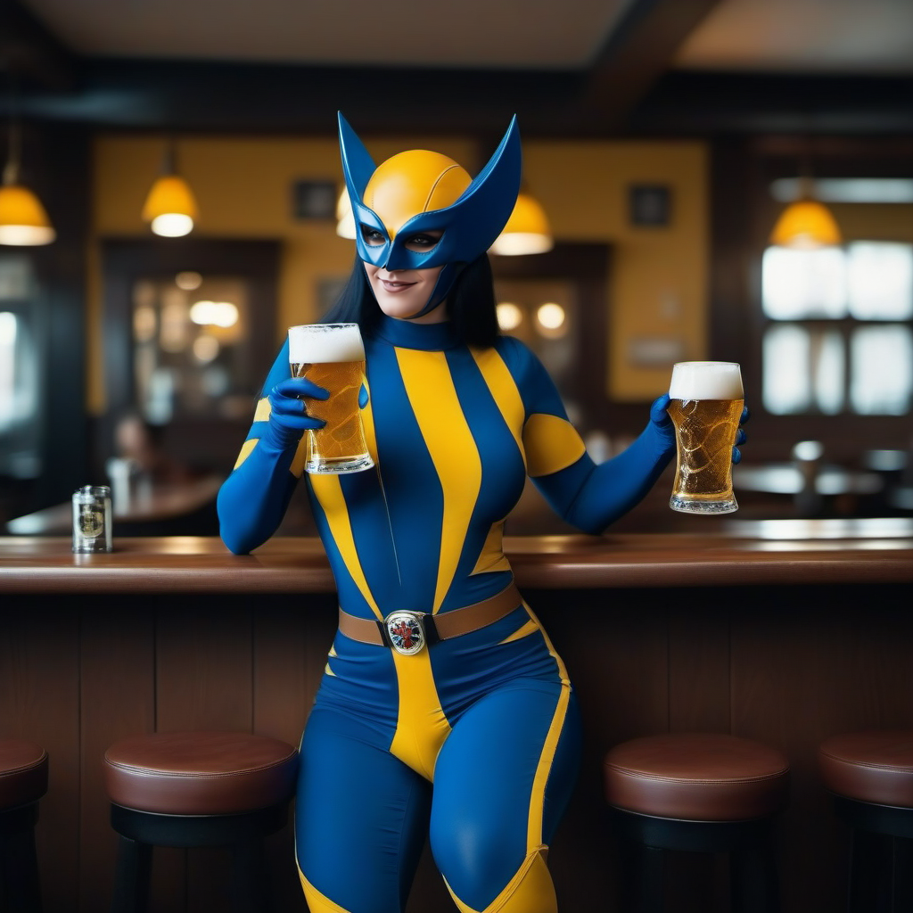 cinematic photo a full body woman with a mask and a blue and yellow bodysuit and claws having a beer in a pub <lora:X-23-1024:0.8> . 35mm photograph, film, bokeh, professional, 4k, highly detailed