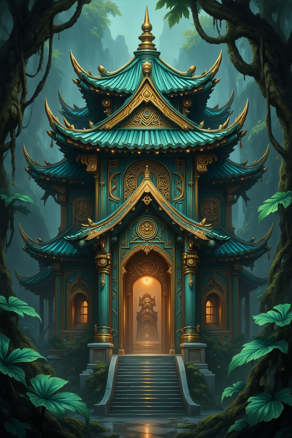 Fantasy illustration depicting an ancient temple with a pagoda-style roof in turquoise and gold, surrounded by lush, over-sized leaves and with intricate textures and vibrant colors. The scene should include a rich variety of elements, each contributing to the overall atmosphere. Lighting should be soft, diffused, and natural, enhancing the depth and realism of the scene. The mood is to be calm yet vibrant, creating a sense of serenity and wonder. Every detail in the scene should be meticulously rendered, emphasizing the contrast between light and shadow, and capturing the fine textures and subtle gradients. The color palette should be carefully chosen to evoke emotion, with each hue enhancing the aesthetic appeal of the overall composition. The final image should be immersive and captivating, drawing the viewer into its intricately detailed world.