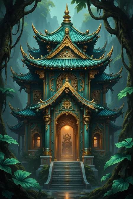 Fantasy illustration depicting an ancient temple with a pagoda-style roof in turquoise and gold, surrounded by lush, over-sized leaves and with intricate textures and vibrant colors. The scene should include a rich variety of elements, each contributing to the overall atmosphere. Lighting should be soft, diffused, and natural, enhancing the depth and realism of the scene. The mood is to be calm yet vibrant, creating a sense of serenity and wonder. Every detail in the scene should be meticulously rendered, emphasizing the contrast between light and shadow, and capturing the fine textures and subtle gradients. The color palette should be carefully chosen to evoke emotion, with each hue enhancing the aesthetic appeal of the overall composition. The final image should be immersive and captivating, drawing the viewer into its intricately detailed world.