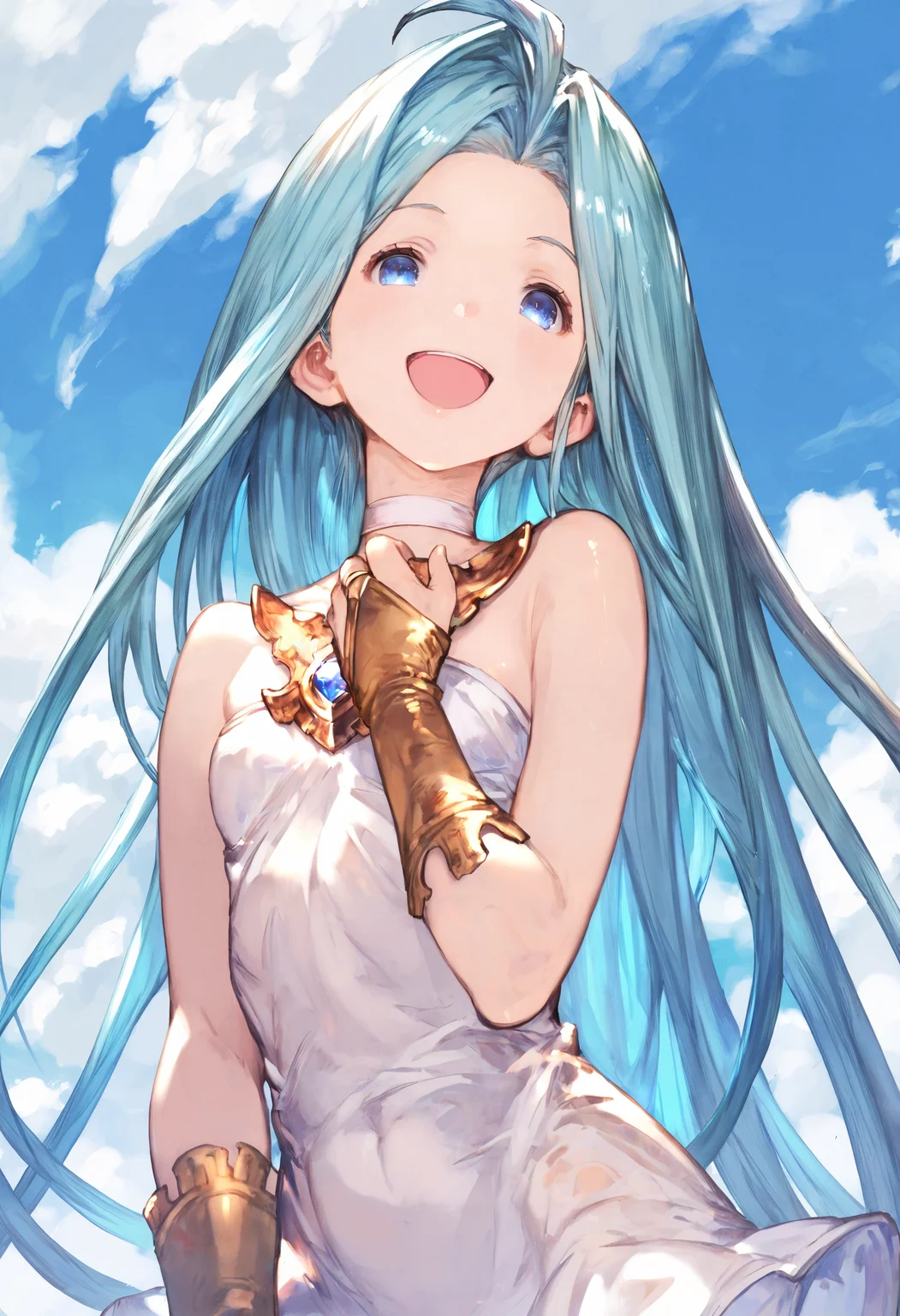 score_9, score_8_up, score_7_up,score_6_up, source_anime, best quality, masterpiece,
scenery, blue sky, shiny skin,
1girl, solo, smile, open mouth, looking at viewer,
Lyria (Granblue Fantasy), long hair, blue hair, (skinny:1.2), small breasts, white choker, white cami-dress, bare shoulders,  strapless, bridal gauntlets, miniskirt,
(clear eyes:1.3), <lora:Lyria-Pony:0.8>  <lora:IshikePony:0.3>