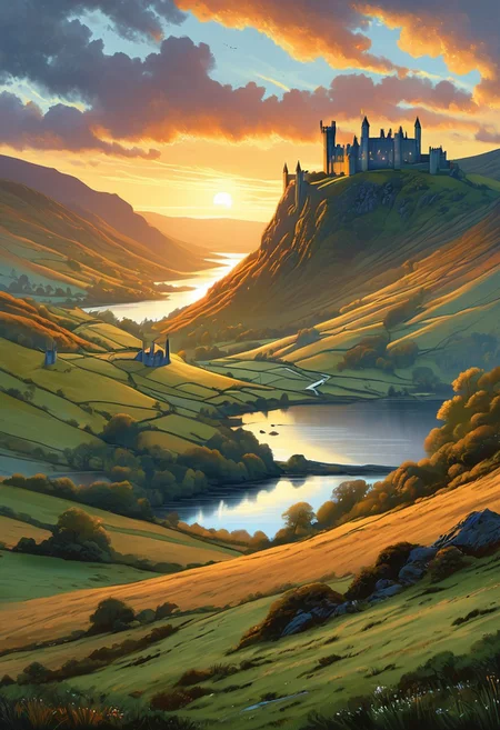 A captivating night scene illustration featuring Camelot large  hill overlooking a lake in Wales.   Camelot ancient but well maintained and updated and comfortable to live in.  Smoke rises from the chimneys.  This enchanting artwork captures a serene and peaceful early morning, where the sun is just starting to rise over the beautiful hills and Camelot  which   stands resolute amidst hills of Wales, creating a cinematic experience back to the times of King Arthur and his knights, 
 illustration, cinematic
<lora:DonM3t3rn1tyXL-v1.1:0.7>, DonM3t3rn1tyXL,
OverallDetailXL  <lora:MJ52:0.3>  <lora:SDXLFaeTastic2400:0.4>  <lora:EpicF4nta5yXL:0.7>