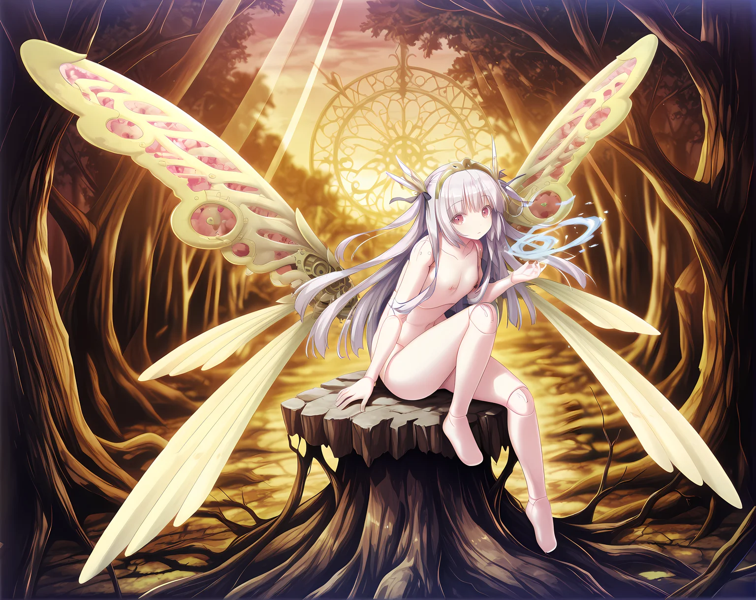 <lora:Lilica>,lilica,small breasts,doll joints,mechanical fairy wings,white hair,long hair,bangs,red eyes,two side up,tiara,hands on lap,light rays,dappled sunlight,window,sunset,looking at viewer,exposing blue latex,nude,(magical transparent wings:1.2),multiple wings,large wings,(cameltoe:0.8),one leg on stone,knee up,side view,outdoors,(swirling magic energy:1.3),fallen tree in background,full body,(dark shadows:0.7),(high contrast:0.7),volumetric lighting,intricate details,blurry background,depth of field,, masterpiece,best quality,amazing quality, very aesthetic, absurdres,detailed eyes,ultra-detailed,
