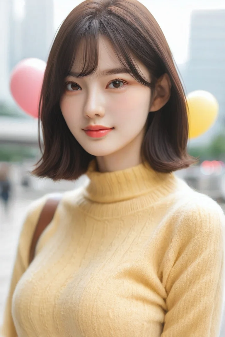 <lora:KimA-won-000001:1>, a stunning real large breasts Japanese woman with long, flowing dark hair, her piercing gaze directly addressing the viewer. balloon, sweater, brown eyes, looking at viewer, blurry, realistic, long sleeves, upper body, blurry background, lips, closed mouth, bangs, indoors, nose, depth of field, Realistic photograph, Movie light, film grain,score_9, score_8_up, score_7_up, 4k, high quality, (best quality:1.1), realistic, photorealistic, close-up, upper body, (ultra HD quality details), yellow sweater,