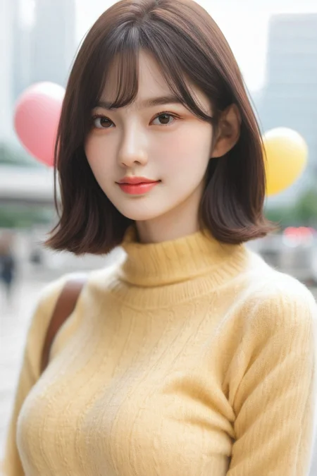 <lora:KimA-won-000001:1>, a stunning real large breasts Japanese woman with long, flowing dark hair, her piercing gaze directly addressing the viewer. balloon, sweater, brown eyes, looking at viewer, blurry, realistic, long sleeves, upper body, blurry background, lips, closed mouth, bangs, indoors, nose, depth of field, Realistic photograph, Movie light, film grain,score_9, score_8_up, score_7_up, 4k, high quality, (best quality:1.1), realistic, photorealistic, close-up, upper body, (ultra HD quality details), yellow sweater,