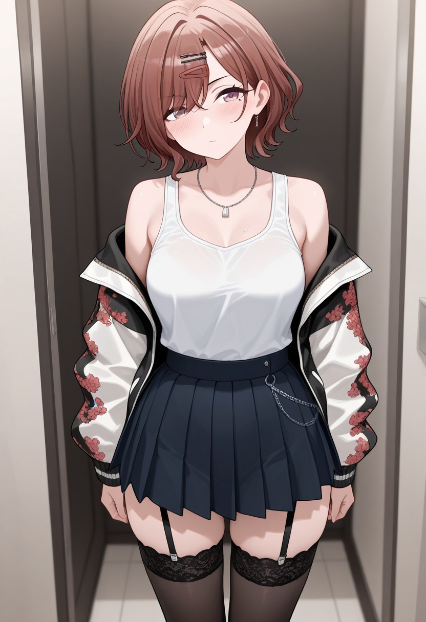 1girl, Higuchi Madoka idolmaster shiny colors, japanese sukajan jacket, pleated skirt, standing, garter belt, black Legwear with thigh straps, medium breasts, hairclip, white tanktop, sword platinum necklace, Indoors, brown hair, wavy hair, short hair, blush, looking at viewer, masterpiece, best quality, amazing quality, newest, absurdres, highres, high detailed, masterpiece, best quality, amazing quality, newest, absurdres, highres, high detailed
