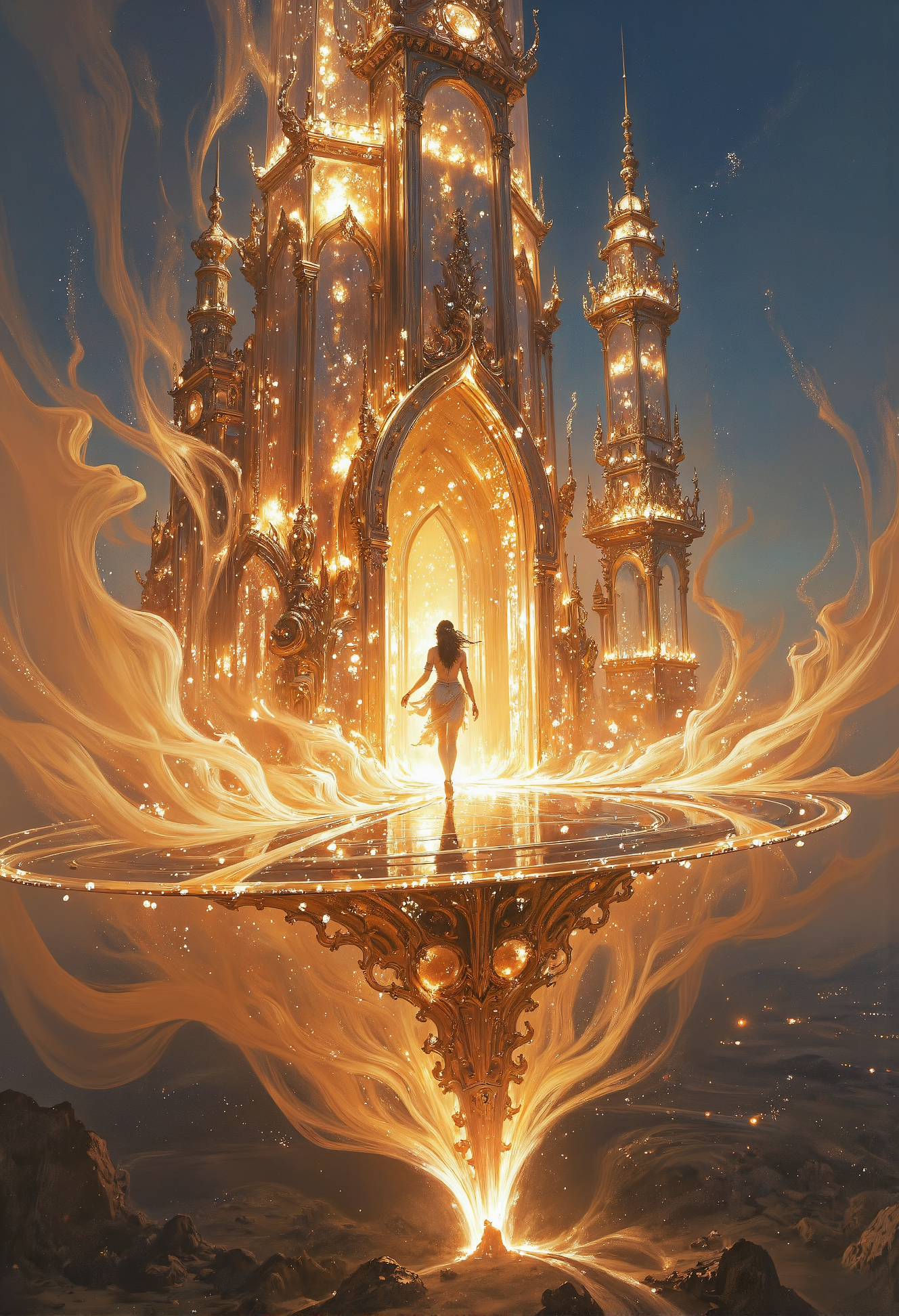 An intricately crafted glass palace hovers weightlessly in the sky, its transparent walls and floors shimmering with the golden glow of a far-off sunset. Within its ethereal halls, humanoid figures formed from swirling smoke move with graceful, fluid motions, exuding an air of mystery and elegance. The space is alive with glimmering particles of light that drift gently through the air, enhancing the dreamlike quality of the scene.  The atmosphere is serene yet surreal, imbued with a sense of otherworldly calm. Soft, ambient lighting illuminates the palace, emphasizing its delicate, floating design. The slightly tilted perspective adds a subtle feeling of disorientation, drawing the viewer deeper into this enchanting, weightless realm. <lora:artisketchyfs-v02.safetensors:0.5>,  <lora:midjourney_whisper_flux_lora_v01.safetensors:0.5>,  <lora:zhongfenghuaStyle_FLUX_ Lora.safetensors:0.85>,  <lora:Midjourney_-_SemiReal_Dreams_FLUX_LoRA.safetensors:0.5>,