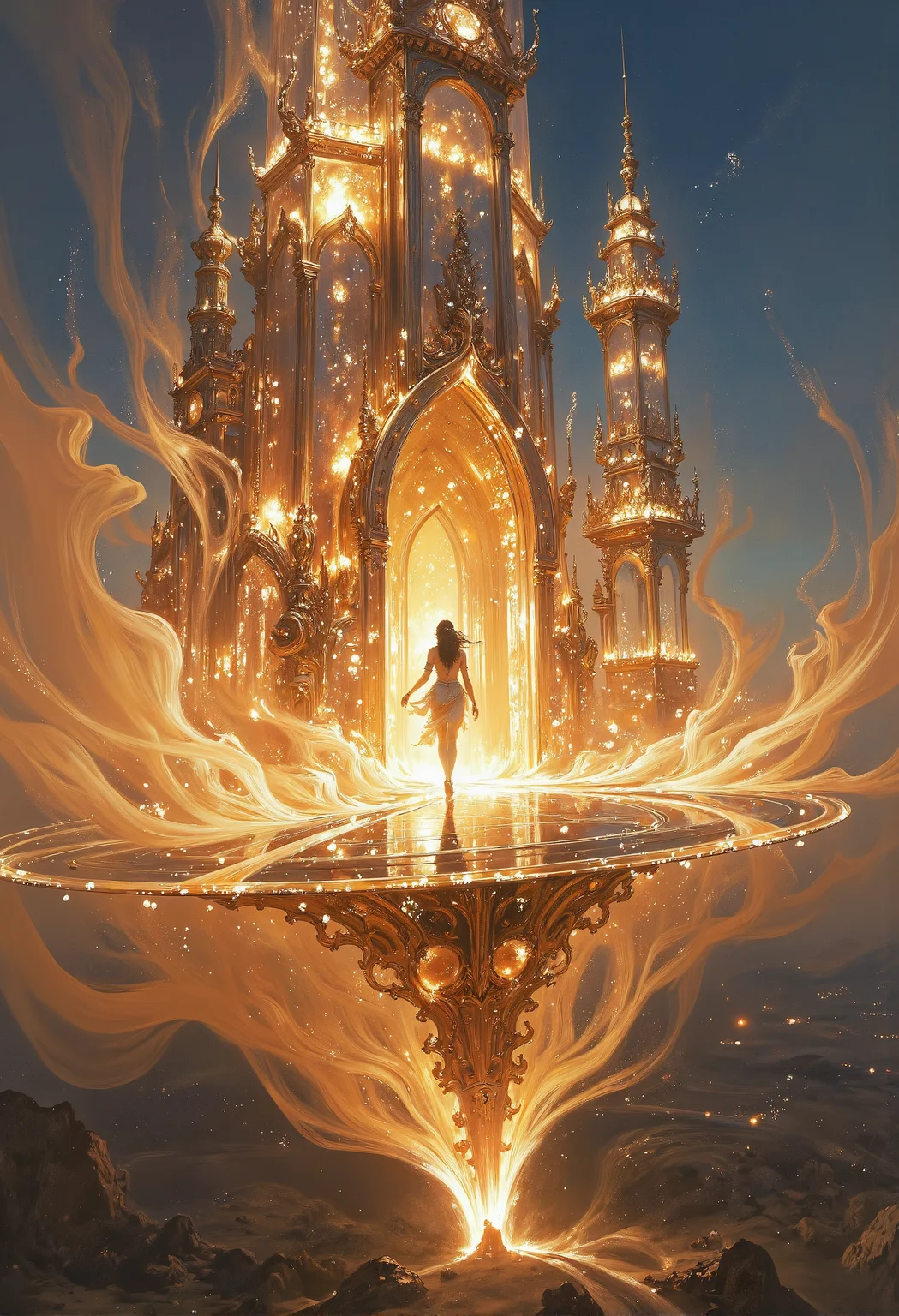 An intricately crafted glass palace hovers weightlessly in the sky, its transparent walls and floors shimmering with the golden glow of a far-off sunset. Within its ethereal halls, humanoid figures formed from swirling smoke move with graceful, fluid motions, exuding an air of mystery and elegance. The space is alive with glimmering particles of light that drift gently through the air, enhancing the dreamlike quality of the scene.  The atmosphere is serene yet surreal, imbued with a sense of otherworldly calm. Soft, ambient lighting illuminates the palace, emphasizing its delicate, floating design. The slightly tilted perspective adds a subtle feeling of disorientation, drawing the viewer deeper into this enchanting, weightless realm. <lora:artisketchyfs-v02.safetensors:0.5>,  <lora:midjourney_whisper_flux_lora_v01.safetensors:0.5>,  <lora:zhongfenghuaStyle_FLUX_ Lora.safetensors:0.85>,  <lora:Midjourney_-_SemiReal_Dreams_FLUX_LoRA.safetensors:0.5>,