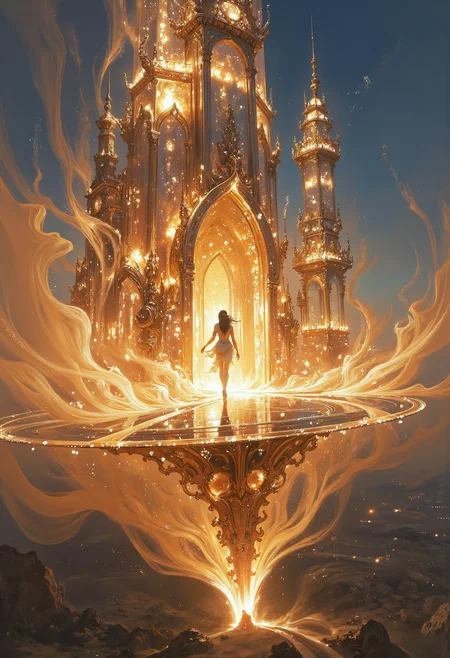 An intricately crafted glass palace hovers weightlessly in the sky, its transparent walls and floors shimmering with the golden glow of a far-off sunset. Within its ethereal halls, humanoid figures formed from swirling smoke move with graceful, fluid motions, exuding an air of mystery and elegance. The space is alive with glimmering particles of light that drift gently through the air, enhancing the dreamlike quality of the scene.  The atmosphere is serene yet surreal, imbued with a sense of otherworldly calm. Soft, ambient lighting illuminates the palace, emphasizing its delicate, floating design. The slightly tilted perspective adds a subtle feeling of disorientation, drawing the viewer deeper into this enchanting, weightless realm. <lora:artisketchyfs-v02.safetensors:0.5>,  <lora:midjourney_whisper_flux_lora_v01.safetensors:0.5>,  <lora:zhongfenghuaStyle_FLUX_ Lora.safetensors:0.85>,  <lora:Midjourney_-_SemiReal_Dreams_FLUX_LoRA.safetensors:0.5>,