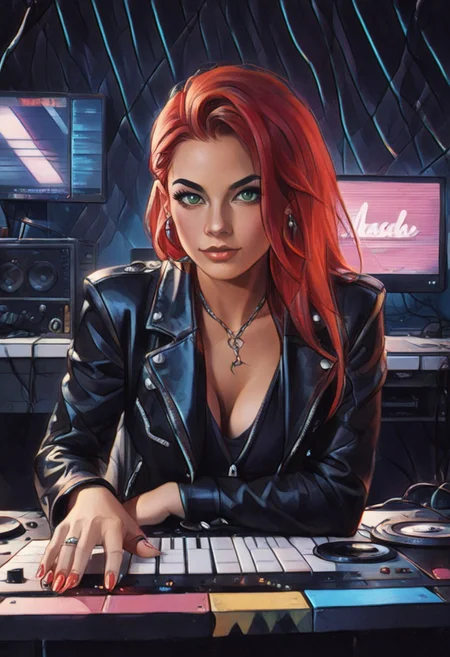 (score_9, score_8_up, score_7_up), woman with gothic-inspired style, posing, she is wearing black leggings and black leather jacket with metal studs, she is red-haired with long straight hair, green eyes, big eyes, beautiful, looking at viewer, she is tall and athletic body, standing in front of a mixing desk, with a computer from the 80‘s and an old CRT monitor, in the background a vinyl record rack, 80’s style, synthwave aesthetics, 80s inspiration, vaporwave vibes, nostalgia, masterpiece, best quality, high detail