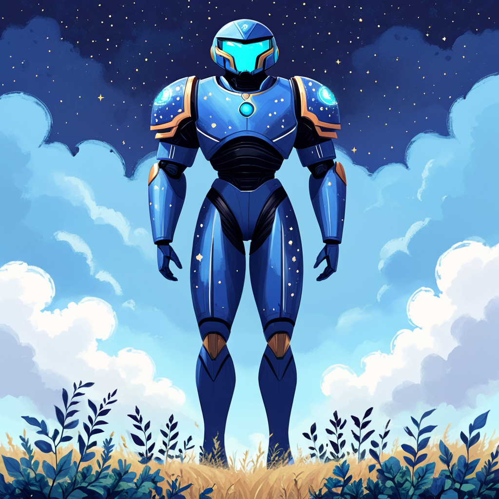 <lora:Flat_Cartoon_IllustrationSDXL:1> ArsMJStyle, Flat Cartoon Illustration, The image shows a man in a blue suit standing in the middle of a field surrounded by plants and clouds in the sky., solo, sky, cloud, samus aran, star (sky), full body, standing, power armor, helmet, starry sky print