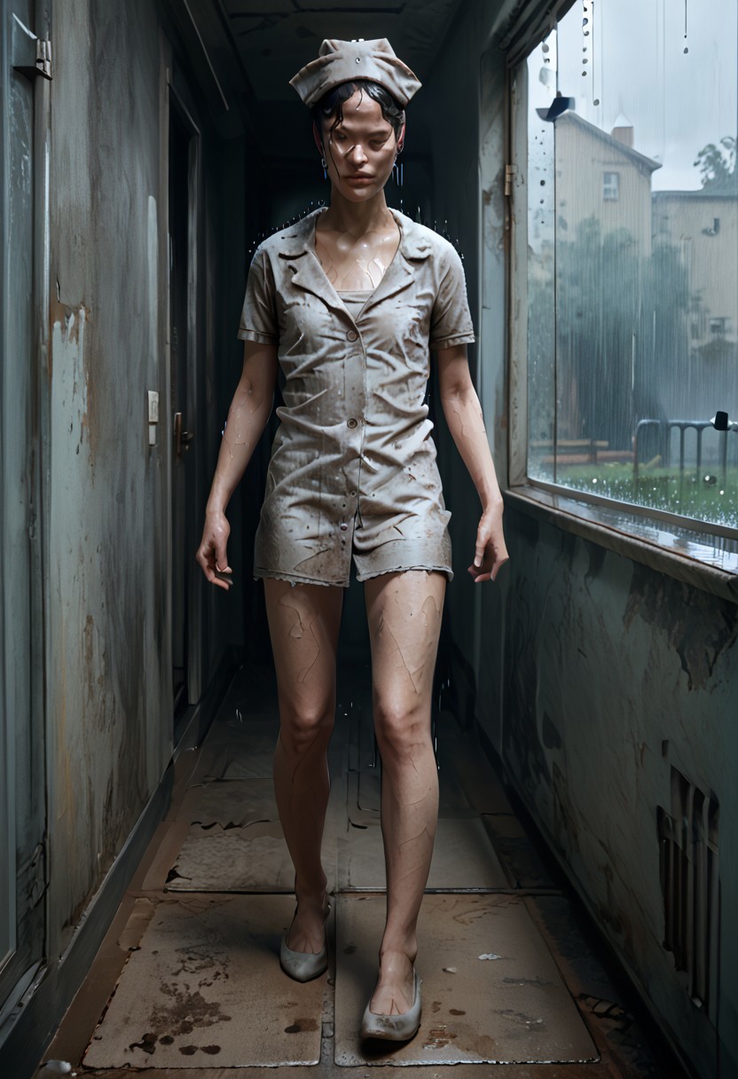 score_9, score_8_up, score_7_up, thai girl, In the mysterious New England town of Silent Hill faceless Nurse a woman with a bandage on her head,, (medium chest:0.5), dark hair, indoor, denim short, ted cap, glasses, full body, foreskin, front of hospital, hospital gateway, raining, dark clouds,
