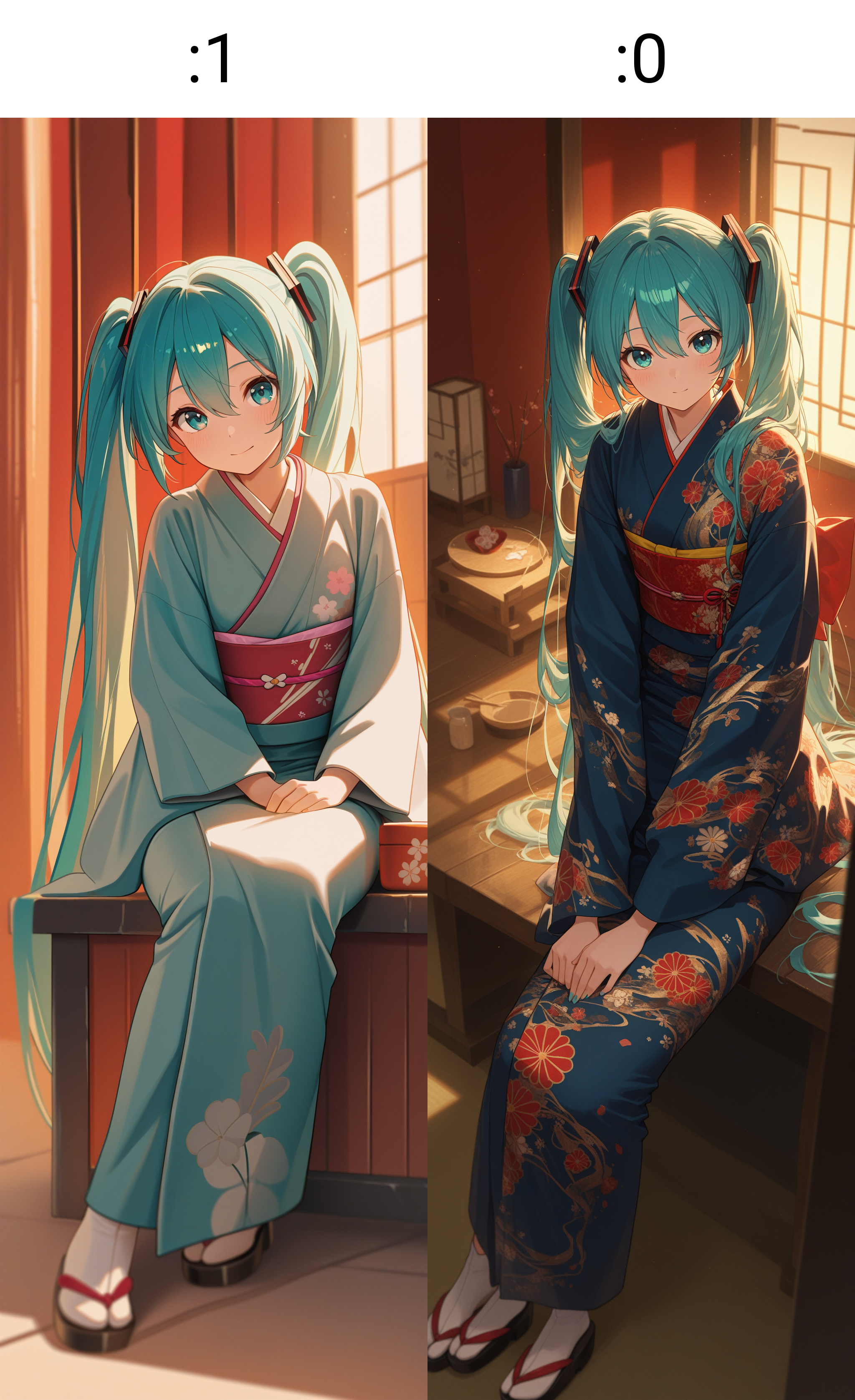 masterpiece, best quality, absurdres, safe
1girl, hatsune miku, kimono, sitting, looking at viewer
<lora:wide_shot_il_1_d32:1>