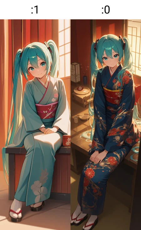 masterpiece, best quality, absurdres, safe
1girl, hatsune miku, kimono, sitting, looking at viewer
<lora:wide_shot_il_1_d32:1>