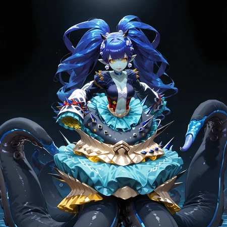 safe_pos, safe_pos, safe_pos, safe_pos, score_9, score_8_up, score_7_up, score_6_up, source_anime,GEN,
BREAK
Scylla, monster girl, octopus girl, horns, hair ornaments, bangs, long hair, absurdly long hair, twintais, drill hair, frills, yellow eyes, lipstick, makeup, pointy ears, pearl earings, choker, cleavage, long sleeves, sleeves past wrists, navel, spikes, tentacles
OverdriveScylla, blue hair, dark-blue hair, colored skin, blue skin, black octopus body, blue spikes, blue choker