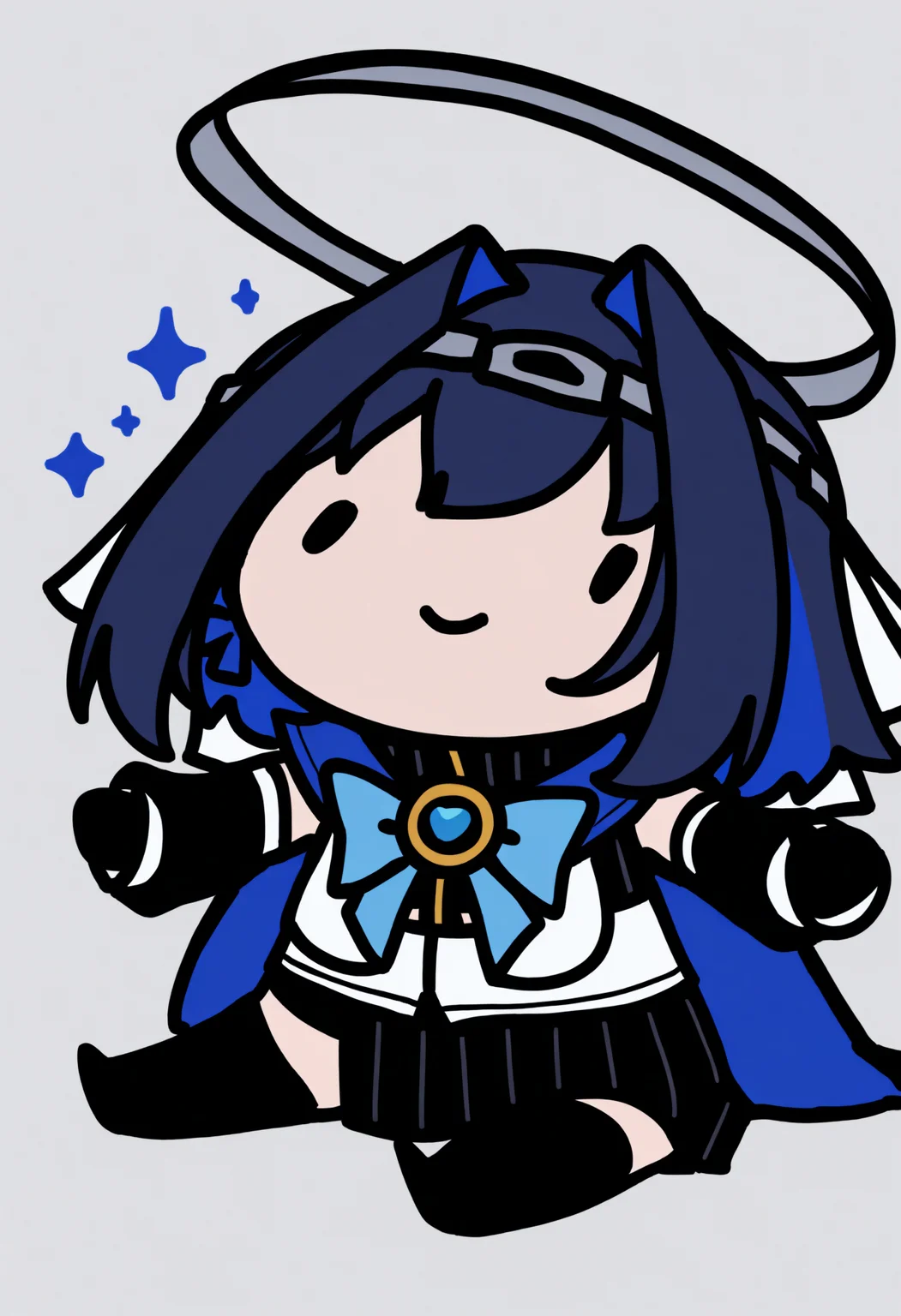 masterpiece, best quality, 1girl, solo, Kr0niiDef, blue hair, short hair, hair intakes, chain headband, bow earrings, mechanical halo, white veil, striped crop top, zipper, white vest, clothing cutout, blue bow, detached sleeves, black gloves, black skirt, half-skirt, striped skirt, black thighhighs, blue cape, sitting, on floor, smile, dot eyes, sparkles, spread arms, chibi, meme, thick lines, simple background, white background, <lora:style_walfie_illustriousXL-GLoRA:1>, <lora:ChamOuroKroniiV2Noob:1>
