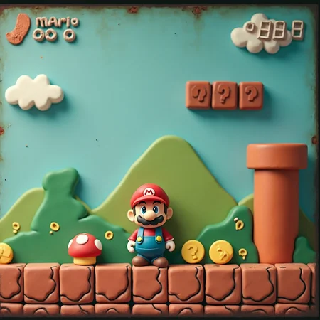 (analog rainy film still taken on polaroid film, vhs footage low quality, Analog distortion effect, Retro video quality)
A side-scrolling Mario game level made entirely from lumpy, handcrafted clay. The pixelated 8-bit world has been transformed into squishy, uneven textures, with every element—from the ground to the iconic question blocks—sculpted from multicolored clay. Mario, also crafted from clay, stands awkwardly at the beginning of the level, his rounded limbs and uneven mustache giving him a playful, clumsy look. The pipes, coins, and Goombas are similarly rough and imperfect, adding to the charm of the scene. The game’s interface is visible, with a classic score counter at the top left, “MARIO” written in blocky letters, along with a coin count and timer ticking down in the right-hand corner. The whole level has an endearing, low-quality feel, blending the nostalgic pixel art with the tactile, squishy texture of clay animation.
(analog rainy film still taken on polaroid film, vhs footage low quality, Analog distortion effect, Retro video quality)