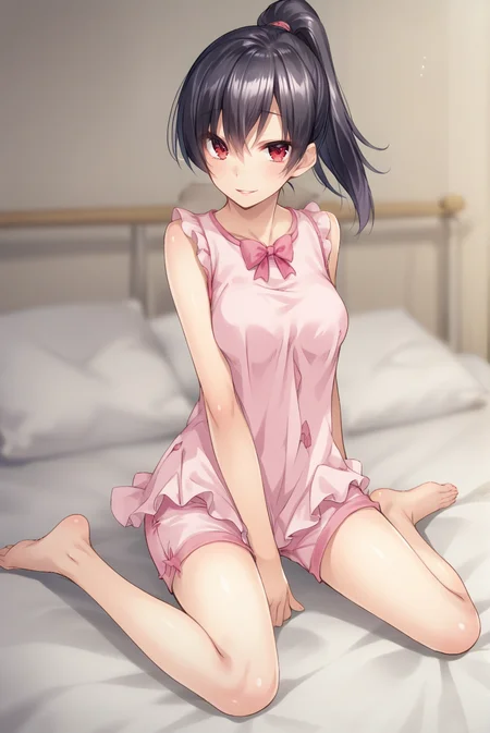 score_9, score_8_up, score_7_up, score_6_up, score_5_up, score_4_up, BREAK source_anime, 1girl, solo,
<lora:1roomXL-v1-06:0.65>, Chopio1room, black hair, shiny hair, hair between eyes, red eyes, looking at viewer,
medium breasts, long hair, ponytail,
bedroom, bed, wariza, on bed, seductive smile, parted lips, feet,
outfit_4, bare shoulders, sleeveless shirt, pink pajamas, pink shorts, pink bow, ruffles,