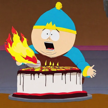 Eric Cartman burn Birthday Cake on Fire