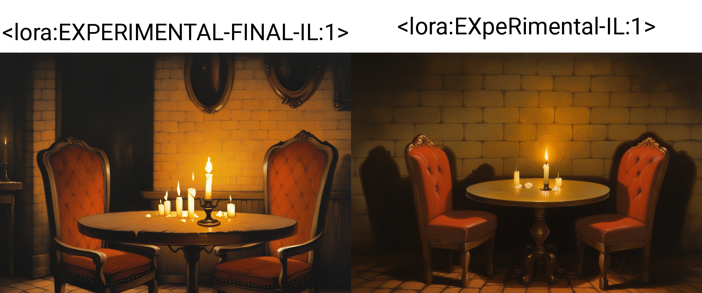 very awa, masterpiece, best quality, highres, absurdres, no humans,  painting, indoors, brick wall, marble \(stone\), brick floor, table, chair, candle, candlelight, traditional media, oil painting \(medium\), realistic <lora:EXPERIMENTAL-FINAL-IL:1>