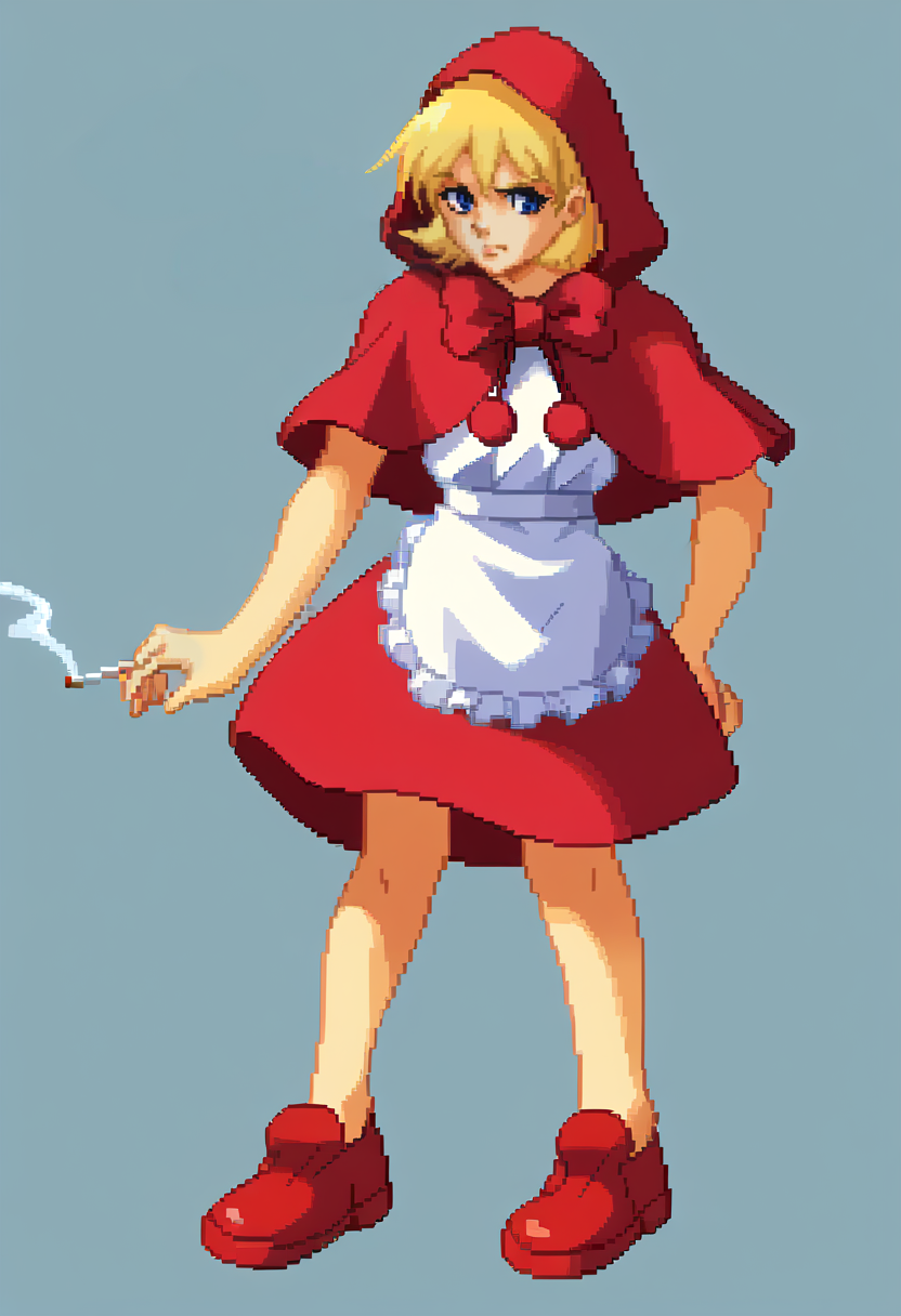 score_9, score_8_up, score_7_up, source_anime, BREAK, solo, 1girl, looking at viewer, <lora:Guilty-Gear-SpritesV2-pdxl_Fp:1>, simple background, full body, pixel art, standing, <lora:BBHood-pdxl_Fp:1>, bbhood, short hair, blonde hair, blue eyes, hood, capelet, red dress, bow, white apron, pom pom \(clothes\), red footwear, smoking, cigarette,
