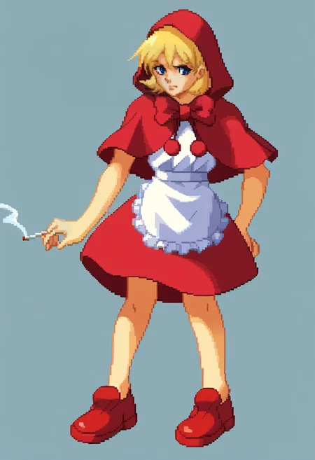 score_9, score_8_up, score_7_up, source_anime, BREAK, solo, 1girl, looking at viewer, <lora:Guilty-Gear-SpritesV2-pdxl_Fp:1>, simple background, full body, pixel art, standing, <lora:BBHood-pdxl_Fp:1>, bbhood, short hair, blonde hair, blue eyes, hood, capelet, red dress, bow, white apron, pom pom \(clothes\), red footwear, smoking, cigarette,