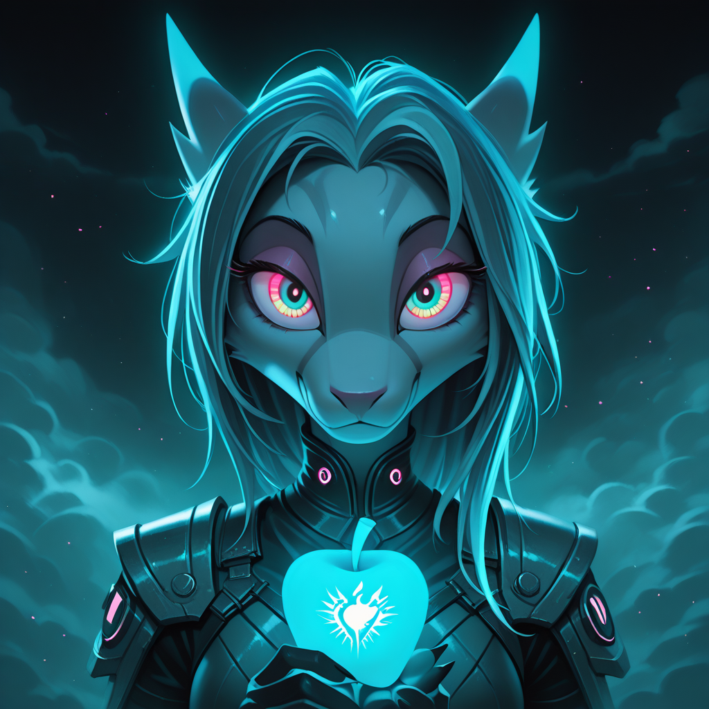 masterpiece, best quality,limited palette,black background,colorful,vibrant,glowing outline,neon,blacklight,looking at viewer,apple,fog,from_side
Dreamkeepers,namah, 1girl,solo,furry,
, <lora:Dreamkeepers_lora:0.8>