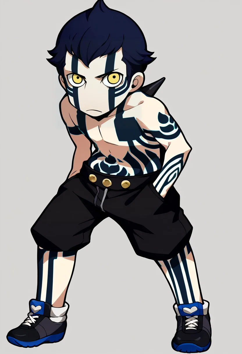 score_9, score_8_up, score_7_up, source_anime, BREAK, solo, 1boy, looking at viewer, <lora:PQ-Style-pdxl_Fp:1>, simple background, full body, chibi, standing, <lora:smtiii_demi-fiend_ponyXL:1>, demi-fiend, full-body tattoo, topless male, black shorts, standing, hand in pocket,