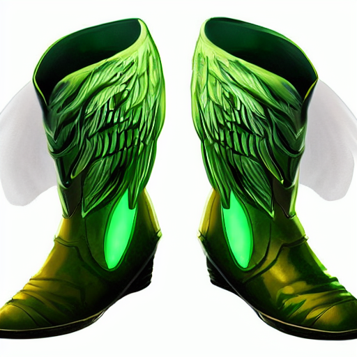 <lora:MagicItem_v1-000002:1> boots of wind, winged boots, green glow, fits in frame