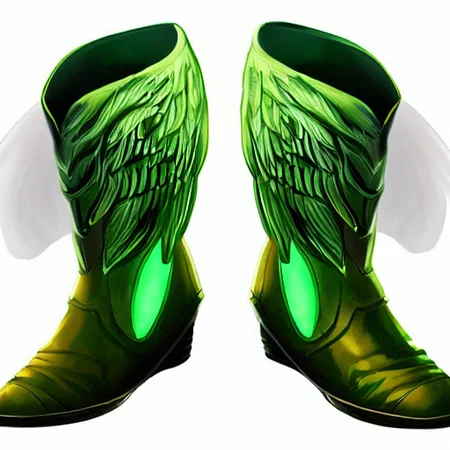 <lora:MagicItem_v1-000002:1> boots of wind, winged boots, green glow, fits in frame