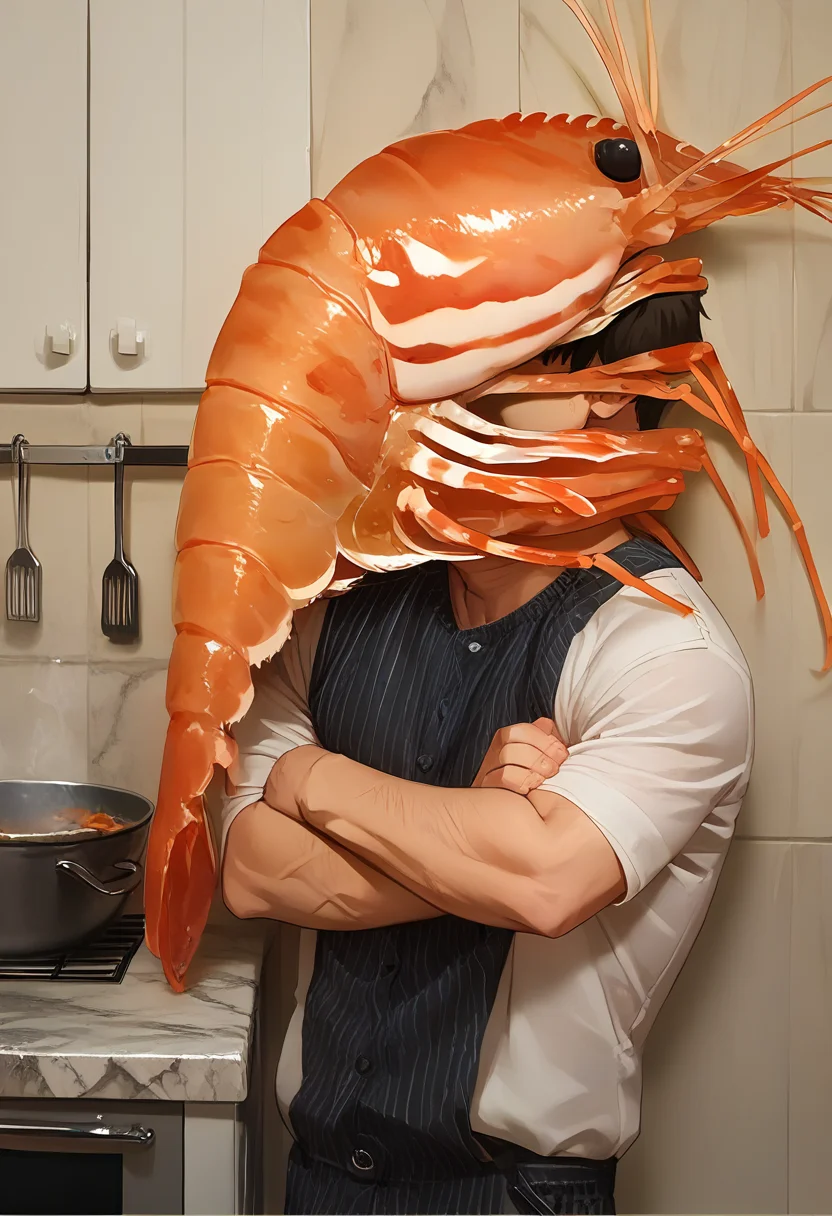 score_9, score_8_up, source_anime, face hug, on shoulders, shoulder carry, carrying, arms on head, kitchen <lora:ChamFaceHugPonyXL:0.55>,
BREAK from behind, shrimp <lora:pony_shrimp:0.8>
BREAK chef, chef hat
