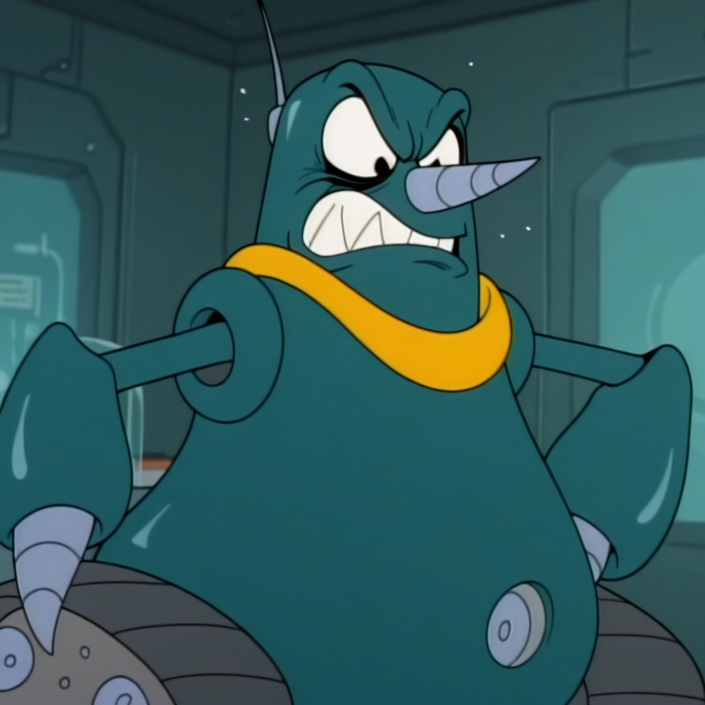 masterpiece, best quality, amazing quality, gr0und3r, male, solo, robot, tank-like, teal body, antennae, black eyes, pointy nose, yellow collar, drill hands, tracked wheels, backplate, angry, indoors, laboratory