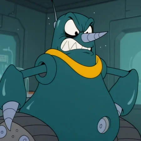masterpiece, best quality, amazing quality, gr0und3r, male, solo, robot, tank-like, teal body, antennae, black eyes, pointy nose, yellow collar, drill hands, tracked wheels, backplate, angry, indoors, laboratory
