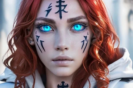 bright red hair, human female, (feminine:1.7), (beautiful face, detailed face:1.6), (beautiful eyes, detailed eyes:1.7), (looking at viewer, eye contact, intense:1.6), (long hair, red hair, curly hair:1.3), , ((masterpiece, best quality, high resolution, realistic, best quality,)), photo realistic, Perfect Face, (detailed face). <lora:GoodHands-vanilla:0.6> <lora:add-detail-xl:0.8>, mage, (Dress White military uniform coat), dagger, rune dagger, glowing runes, , (((glowing magic symbols tattoos, religious tattoos))), ((face tattoos)), glowing tattoos, stone tower in the background